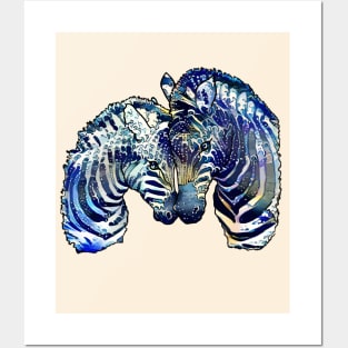 Blue watercolor zebras in love, paint blue color, big wave color and style Posters and Art